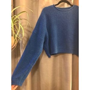 Blue Balloon Sleeve Crop Sweater
